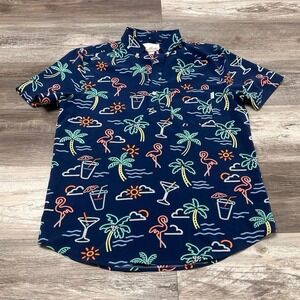 Chubbies‎ Flamingo Cocktail Palm Trees Neon Sun Clouds Blue Mens S Beachy Shirt